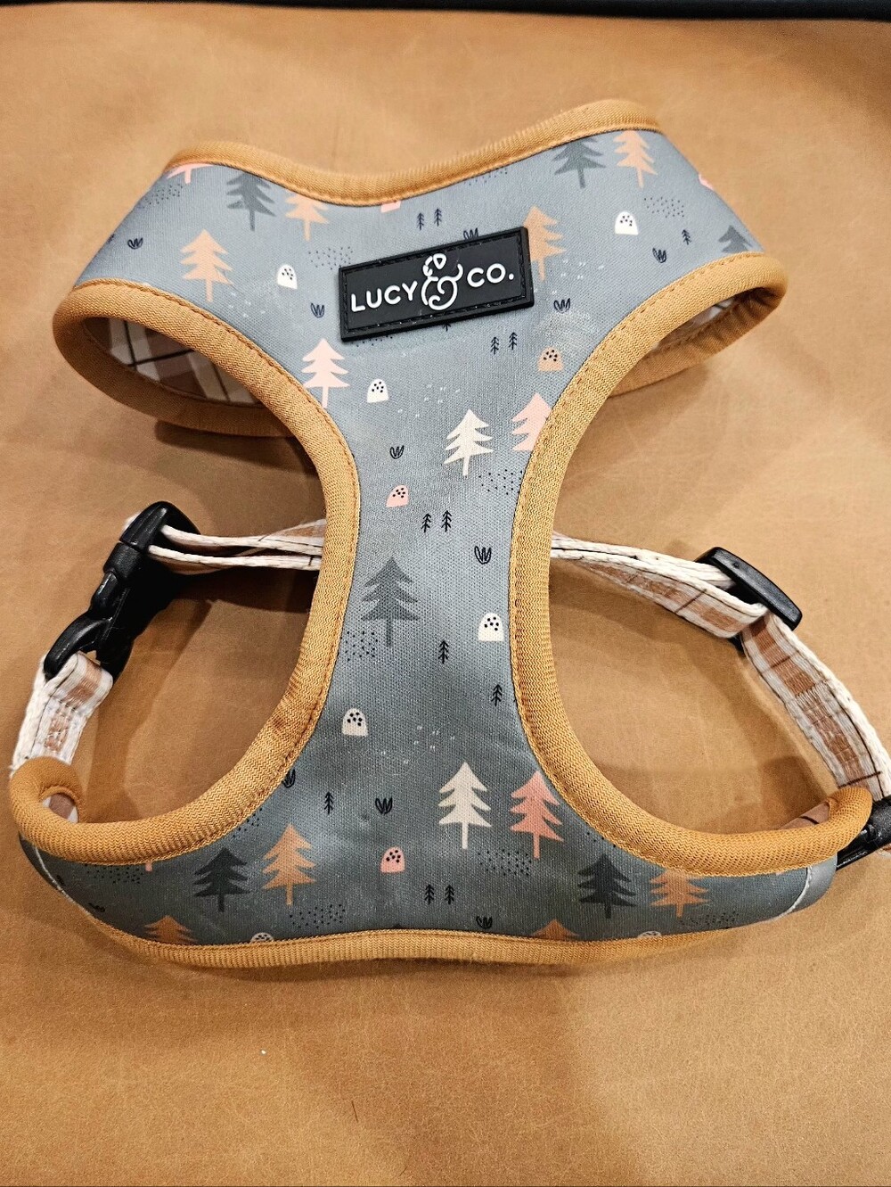 Lucy & Co. Reversible Forest Print Harness - Gray with Peach Trim
